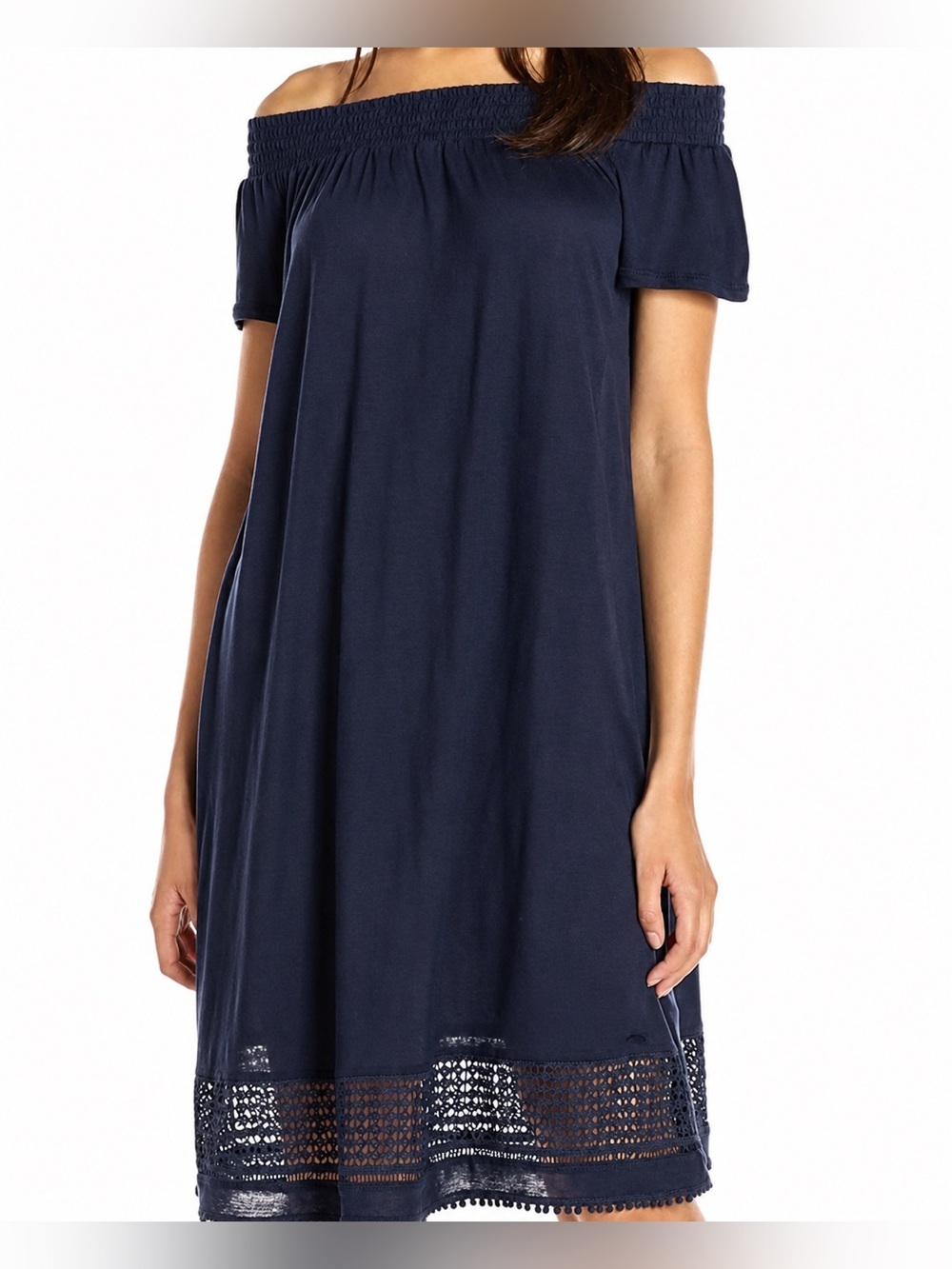 Armani Exchange NWT navy off the shoulder eyelet dress, small